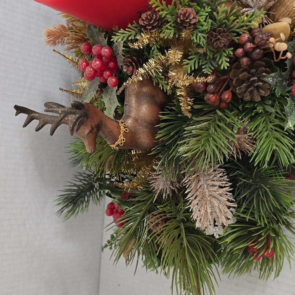 Vintage Festive Red Candle Centerpiece with Reindeer Accents - Picture 3 of 16